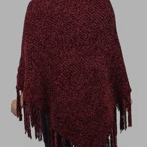 Maroon Knit Poncho with Fringe